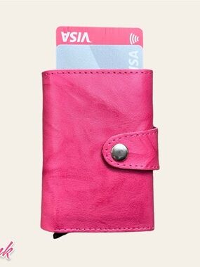 Pink Leather Card Wallet with Snap Closure